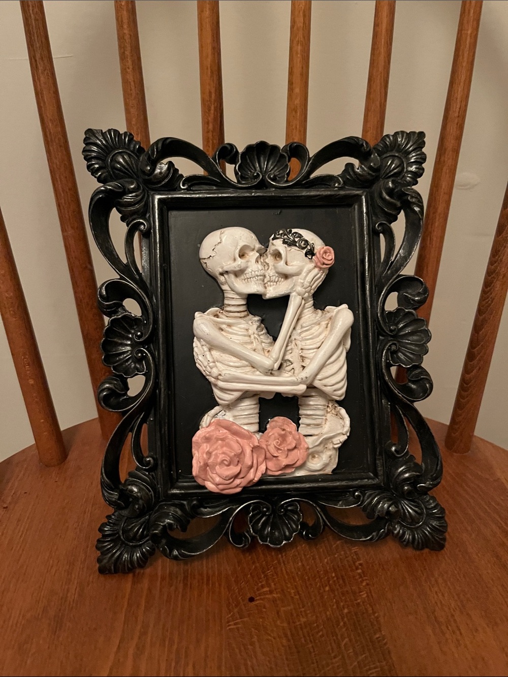 T.J.Maxx Black Ornate Frame with White Skeletons and Pink Roses